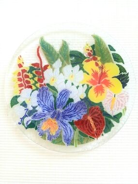 Peggy Karr Signed Fused Art Glass Tropical Flowers Floral Dish 8.25",Sweden,rare